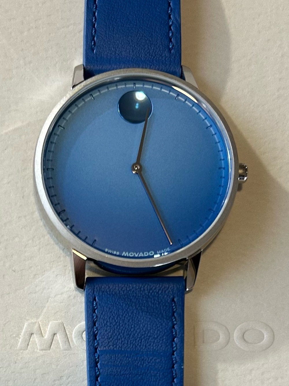 Movado Face Watch With 41mm Blue Face With Hue & Blue Leather Band